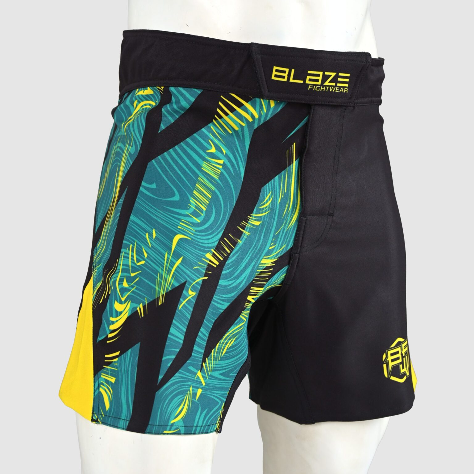BFW Premium Men’s MMA Shorts – Lightweight, Durable, and Comfortable for Training & Competition - Black/Yellow/Cyan - BFW-MMS-5024 - Image 2