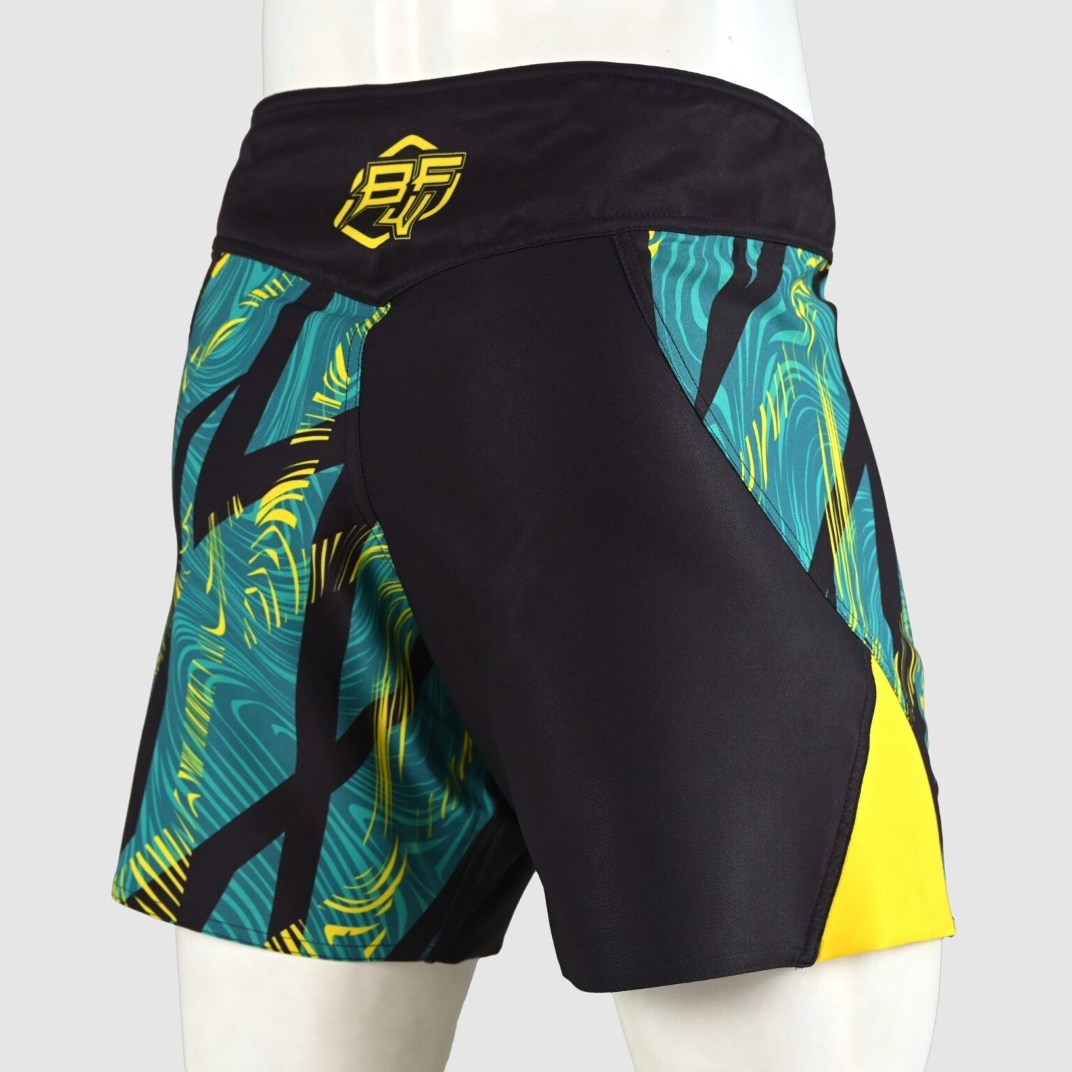 BFW Premium Men’s MMA Shorts – Lightweight, Durable, and Comfortable for Training & Competition - Black/Yellow/Cyan - BFW-MMS-5024 - Image 3