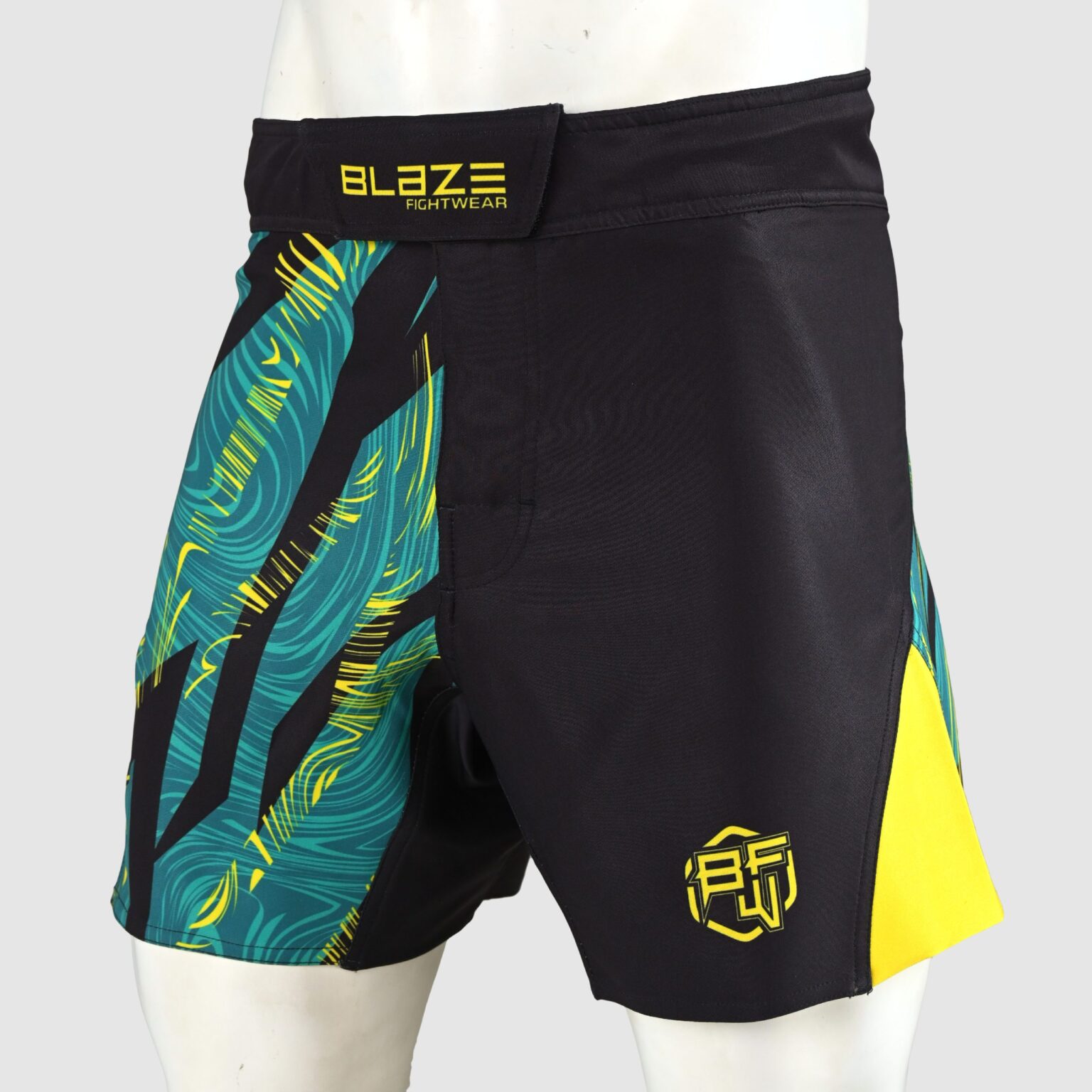 BFW Premium Men’s MMA Shorts – Lightweight, Durable, and Comfortable for Training & Competition - Black/Yellow/Cyan - BFW-MMS-5024