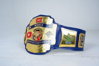 BFW Customized SCB World Podcast Champions Belt – Personalized Gold Plates, Premium Leather Blue Strap - BFW-CB-4016